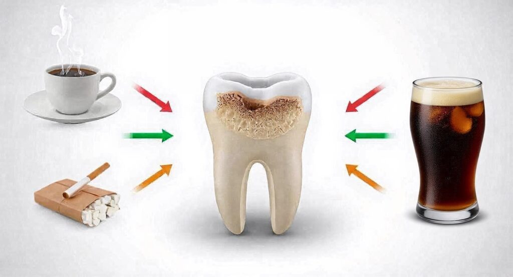 Slika pokvarenog zuba pored kojeg su kafa , sok i cigarete kao uzroci problema